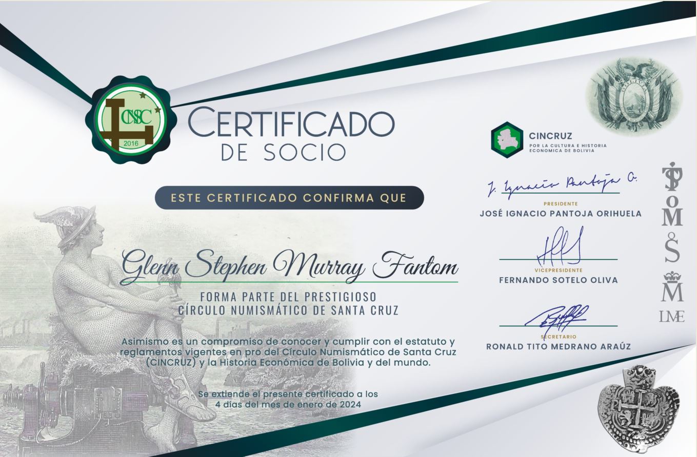 Murray nombrado socio de honor del Círculo Numismático de Santa Cruz, Bolivia